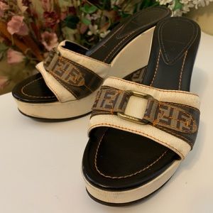 Fendi White and Monogram Block Heels with Buckle